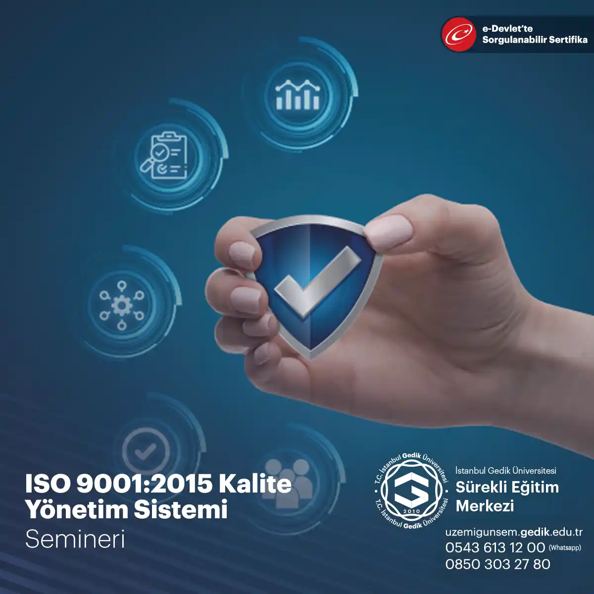 ISO 9001:2015 Kalite Yönetim Sistemi semineri, kurumların ürün ve hizmet kalitesini artırmak için kalite yönetim sistemlerini nasıl kuracakları ve sürdürecekleri konusunda katılımcılara bilgi veren bir seminerdir.